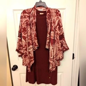 Two piece set-shawl top and ribbed burgundy dress
